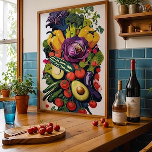 Stillleben Gemüse Druck | Lebendige Küchenwandkunst | Lebensmittel Illustration | Gemüse | Bunte Küchenkunst | Lebensmittel Druck | Digitale Kunst