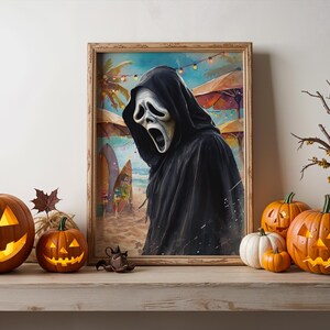 Scream Mask Beach Print: Gothic Horror Summer Surf Art (Digital Download)