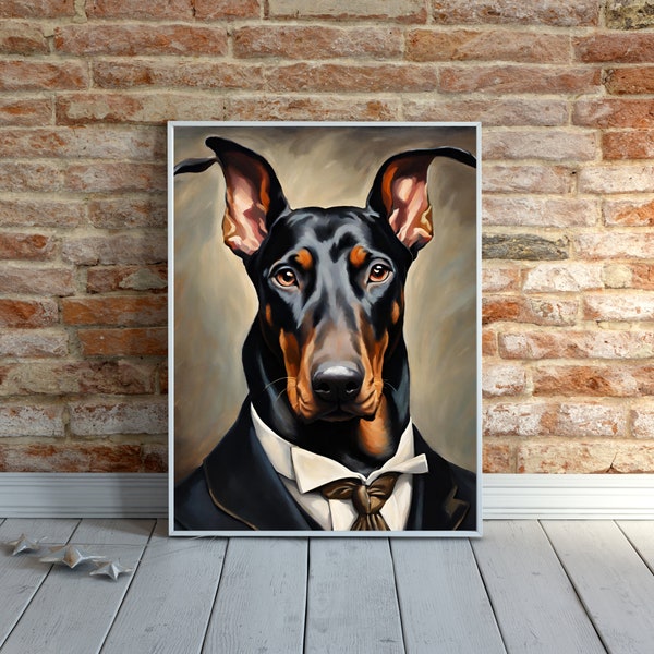Vintage Doberman Pinscher Dog Portrait, Dog in a suit, Dog Art Print, Animal painting, Dog lover art, Altered art print, home decor, Digital