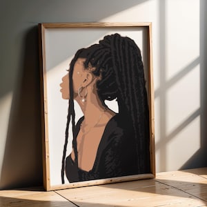 Black Woman Wall Art, Afrocentric Portrait, Natural Hair Print, Dark Skin, Dreadlocks, Hoop Earrings, Digital Download Decor