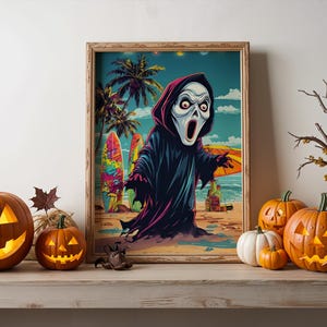 Tropical Horror Beach Print: Pop Art Ghost Mask, Creepy Summer Decor (Digital Download)
