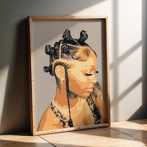 Black Knot Braids Wall Art | Stylized Woman Portrait Print | Medium Skin Tone | Profile View Digital Download | Afro Hair Decor