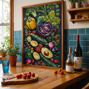 Lebendiges Gemüse Stillleben Druck | Impressionistische Küche Wandkunst | Gemüsekunst | Bauernmarkt | Rustikales Lebensmittel Dekor | Digitaler Download