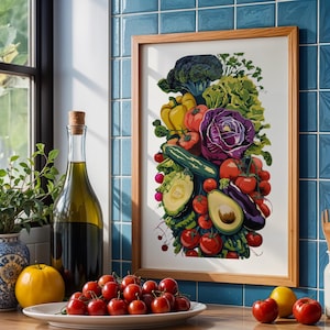 Lebendiges Stillleben Gemüsedruck | Kunst für Küche | Lebensmittel Illustration | Gemüse | Bunte Gemüsekunst | Moderne Küchenkunst