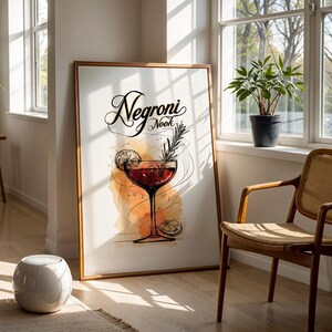 Negroni Cocktail Wall Art – Negroni Nook Print, Vintage Bar Poster, Watercolour Drink Illustration, Coupe Glass Kitchen Decor