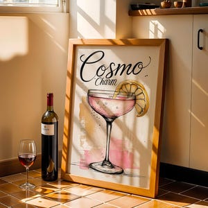 Cosmo Cham Cocktail Art Print – Hand-Drawn Martini Illustration, Elegant Watercolor Poster, Pale Pink Drink Wall Decor, Bar Cart Art