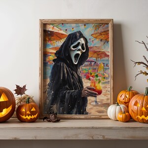 Ghostface Summer Beach Print: Gothic Horror Cocktail Art (Digital Download)