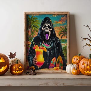 Scary Ghost Face Beach Print: Dark Horror Summer Party Art (Digital Download)