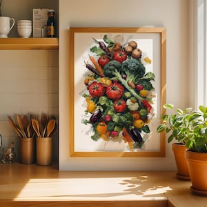Lebendiges Gemüse Stillleben Druck | Kunst für Küche | Gemüse Kunst | Bauernmarkt | Rustikales Bauernhaus Dekor | Digitaler Download