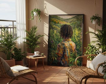 Stampa artistica murale con ritratto colorato, poster naturalistico afrocentrico, stampa paesaggistica boho, arte figurativa iperrealistica, decorazione murale culturale