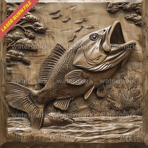 Laser Burn PNG | 3D Illusion | Laser File | Wood Engrave | Laser Ready | Digital Design File | Xtool | Glowforge | Bass Fishing Lake Jumping