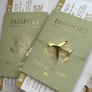 Sage Green Passport Wedding Invitation with Gold Foil