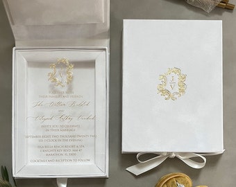 Luxury Boxed Wedding Invitations (5.7”x7.8”/145 x 200 mm), White Velvet Invitation Box With Wedding Monogram, Acrylic Wedding Invite | PP