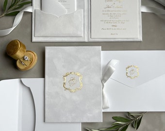 White Velvet Wedding Invitation Sample: Gold Monogram Folio