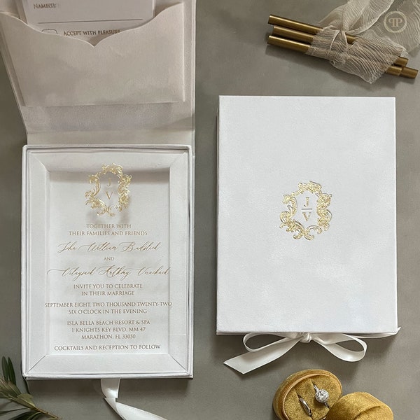 Luxury Boxed Wedding Invitations (5.7”x7.8”/145 x 200 mm), White Velvet Invitation Box With Wedding Monogram, Acrylic Wedding Invite | PP