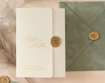 Luxury Wedding Invitation Pocketfold | Regina Sage Green Wedding Invitations | Pocketfold Set Invitation |  Invitations with RSVP and Insert