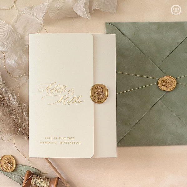 Luxus Hochzeitseinladung Pocketfold | Regina Sage Green Hochzeitseinladungen | Pocketfold Set Einladung | Einladungen mit Antwortkarten und Beilage