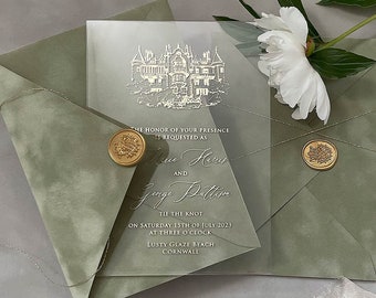 Luxury Venue Acrylic Wedding Invitations with Velvet Envelope, Gold Foil Pressed Acrylic Wedding invitation card, 2mm dense Acrylic Invite