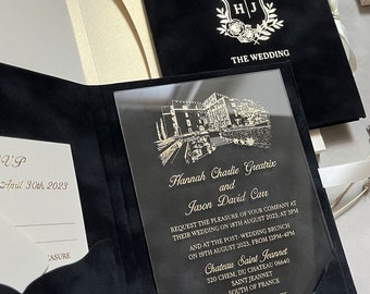 Black Velvet Folio Wedding Invitation Sample: Gold Monogram, Acrylic Insert