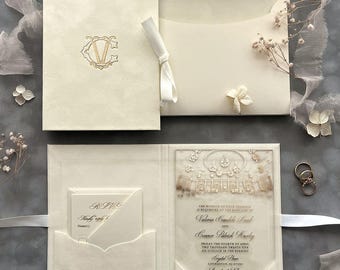 Cream Velvet Folio Wedding Invitation Sample: Gold Monogram