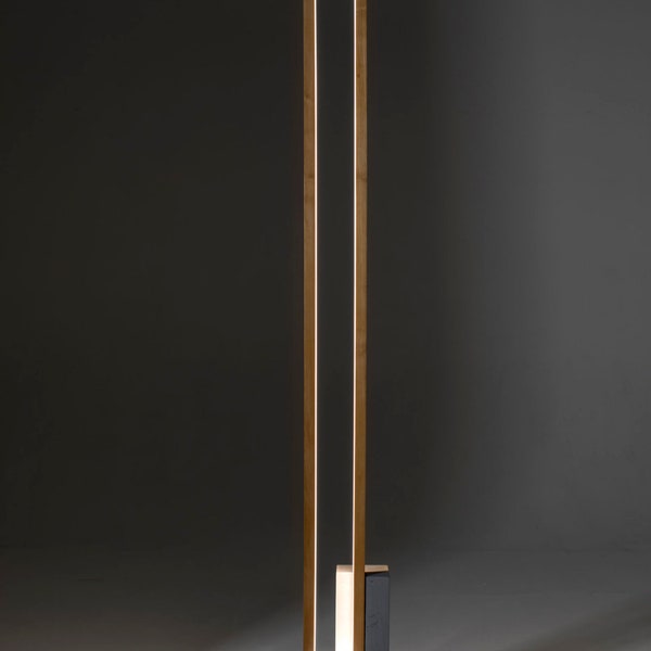 Wooden floor lamp, Minimalist geometric LED light, Modern ambiance lighting, Rustic geometric standing lamps, Light column