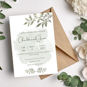 May include: A wedding invitation with a green watercolour background and floral accents. The invitation reads "Together with their family and friends, Charlie and James, 3:00 PM, May 23, Tuesday 2023".