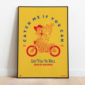Poster dell'inferno con la ragazza motociclista di Deus Ex Machina, stile vintage e retrò personalizzato, cultura motociclistica, arte murale