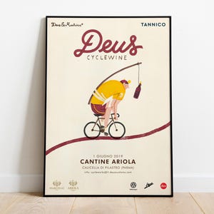 Manifesto Deus ex machina Evento Cyclewine, stile vintage e retrò personalizzato, cultura del ciclista, arte murale, deus ex machina