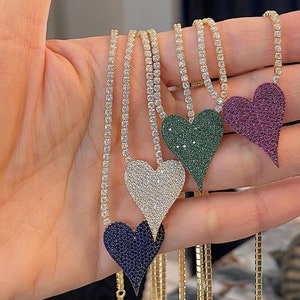 Emerald CZ Pave Heart Tennis Link Chain Necklace, Layering Chain Necklace, Ruby CZ Heart Tennis Necklace, 925 Solid Silver, Gift for Her