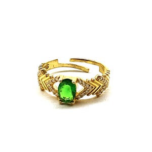 Emeral Baguette Ring, 925 Solid Silver, Stackable Chain Ring, Green Oval Ring, Cuban Link Ring, Gold CZ Ring, Gemstone Ring, Adjustable Ring