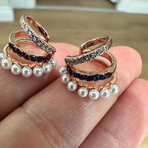 Triple Ear Cuff, Tiny Pave Pearl Cartilage, Sapphire CZ Ear Cuff, Ruby CZ Ear Cuff, 925 Solid Silver Rose Vermeil, Conch, Pearl Cartilage