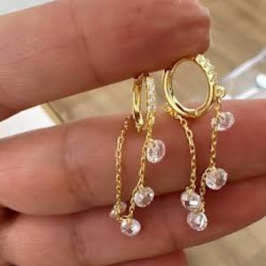 Floating Diamond Tassel Hoop Earring, Mini Bezel CZ Dangling Hoop Earrings, Crystal Chain Drop Earring,925 Solid Silver Earring,Gift for Her