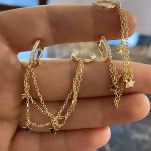Dangling Star Charm Chain Hoop Earrings with Cartilage, 3 Dangling Chains Drop Hoop With Star, 925 Solid Silver, Chain Ear Cuff Earrings