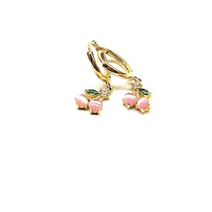 Dangling Pink Cherry Huggie Hoop Earrings, 925 Sterling Silver Gold Vermeil, Cherry Charm Earrings with Emerald Leaf, Trendy Earrings