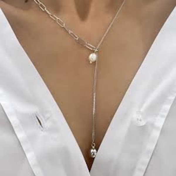 Collier en Y Lariat, collier en Y de perles, collier en Y à maillons superposés, 925 collier solide, collier chaîne gourmette avec breloque boule, collier à glissière, cadeau