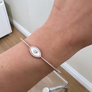 White Evil Eye Shaped Bangle Cuff Bracelet,  Infinity CZ Bracelet, 925 Solid Silver, Evil Eye Jewelry, Stacking Bracelet 925 Sterling Silver
