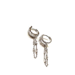Double Baguette Hoop Earrings with Dangling Chain Baguette and CZ Around, 925 Solid Silver, Pave CZ Huggie Hoop Earrings, Wedding Earrings