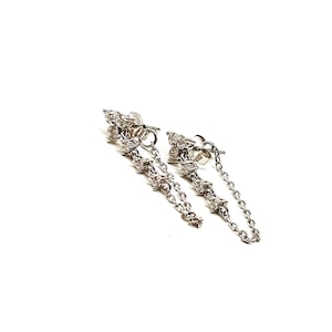 Trinity Threaded Stud Earring, CZ  Triple Stone Dangle  Tennis Chain Wrap Earrings, 925 Solid Silver, Dainty Flower Earrings, Gifts for Her