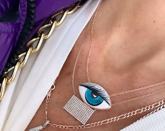 Green Evil Eye Ceramic Pendant, Handmade Ceramic Green Eyeball Pendant, Evil Eye Necklace, Realistic Blue Eye Necklace, 925 Solid Silver