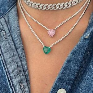 Tourmaline Heart Tennis Link Chain Necklace, Layering Chain Necklace, Diamond Necklace, Dainty 925 Sterling Silver Necklace, Gift for Her