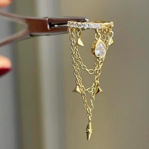Teardrop and Bullet Charm Chain with Huggie Hoop Earrings, Dangling Triple Chain Helix Earrings, 925 Solid Silver, Tassel Chain Hoop Earring