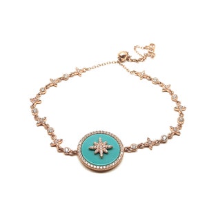 Turquoise Round Shaped North Star CZ Bracelet, CZ Tennis Chain Bracelet, 925 Solid Silver Rose Vermeil, Elevator Bracelet,  Bezel Bracelet