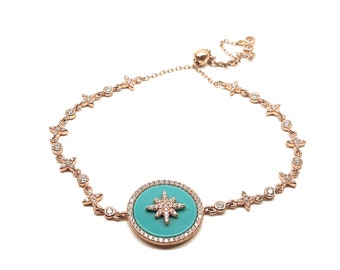 Turquoise Round Shaped North Star CZ Bracelet, CZ Tennis Chain Bracelet, 925 Solid Silver Rose Vermeil, Elevator Bracelet,  Bezel Bracelet