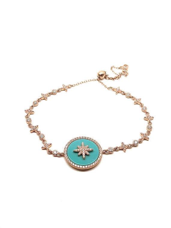 Turquoise Round Shaped North Star CZ Bracelet, CZ Tennis Chain Bracelet, 925 Solid Silver Rose Vermeil, Elevator Bracelet,  Bezel Bracelet