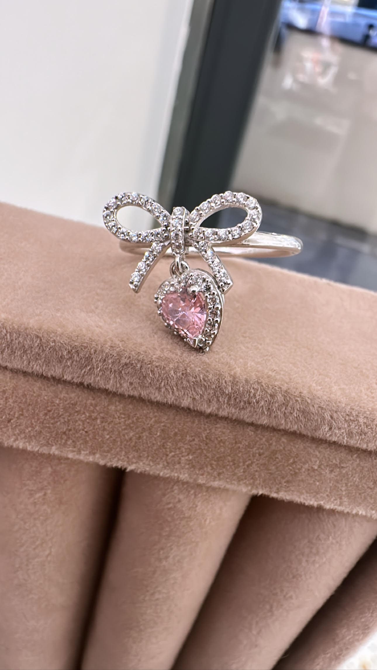 Dainty Bow Tie Heart CZ Ring, Dangling Pink Heart Engagement