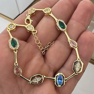 Bracciale tennis multicolore di forme miste, bracciale ovale a pera, baguette e rotondo, bracciale con diamanti, argento massiccio 925, bracciale a strati con pavé di zirconi cubici