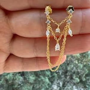 Prong Set Round Diamond and Pear Trinity Orbital Earring, Double Long Chain Stud Earrings, 925 Solid Silver Gold Vermeil, Elegant Earrings