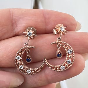 Dangling Half Moon Earrings, Starbust Stud Earring, Dangle Drop Paar Earring, 925 Solid Silver, Solitaire Crescent Earrings, sky earrings