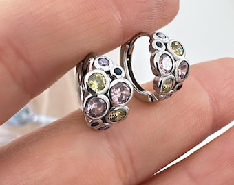 925 Sterling Silver Hoop Earrings with Multi-Color Crystals , Handmade Silver Jewelry