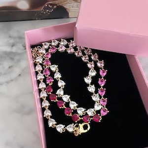 Ruby Degrade Heart Choker, CZ Pave Heart Tennis Link Chain Necklace, Solitaire Tennis Necklace, 925 Solid Solid Choker, Dainty Necklace